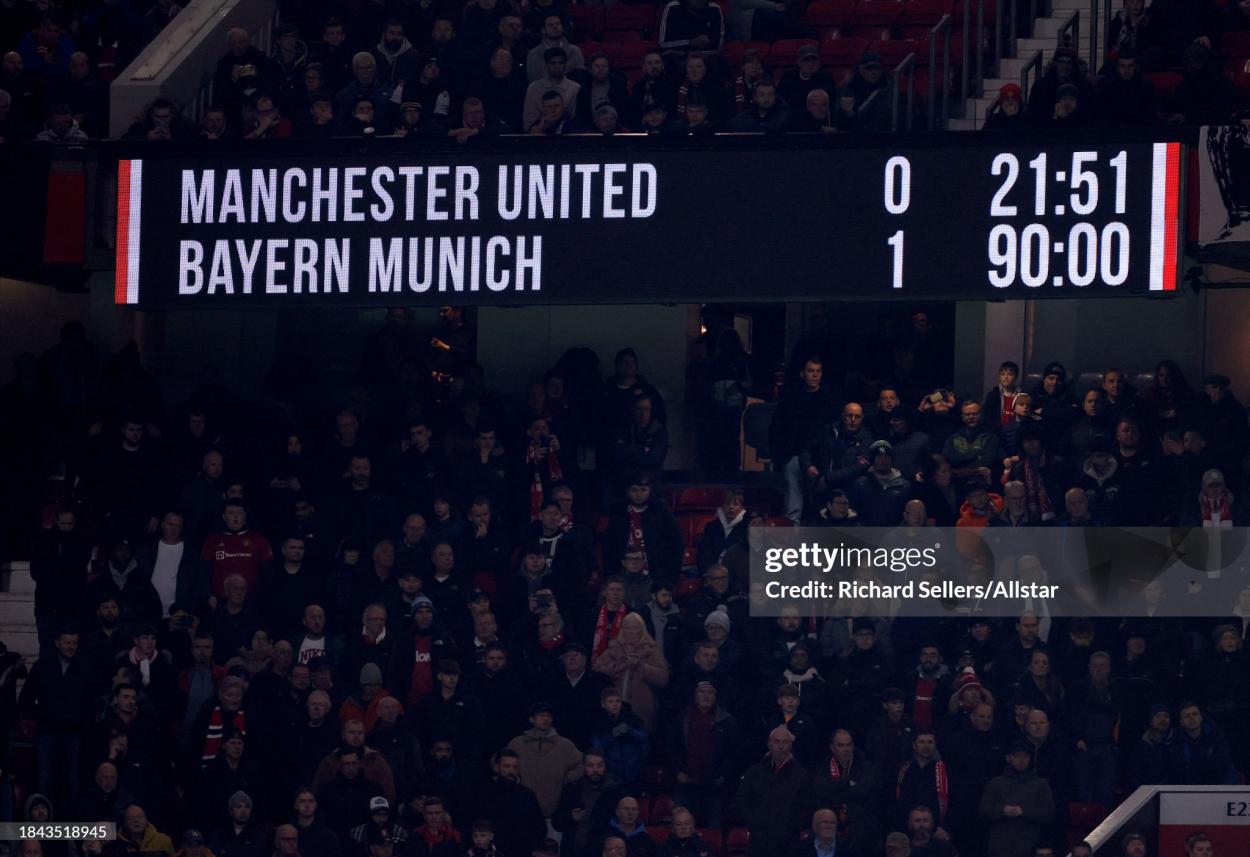 scoreboard shows defeat by Bayern Munich after the UEFA Champions League match between Manchester United and FC Bayern Munchen at Old Trafford on December 12, 2023 in Manchester, England. (Photo by Richard Sellers/Sportsphoto/Allstar via Getty Images)