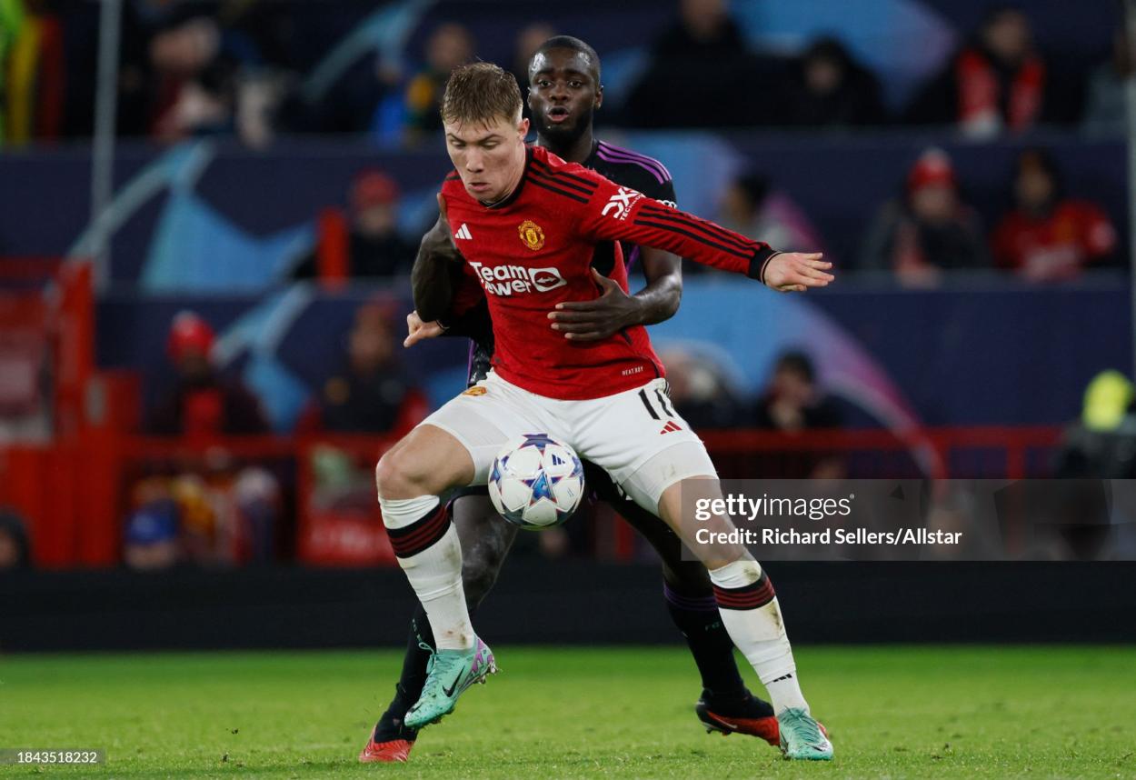 Dayot Upamecano of Bayern Munich and Rasmus Hojlund of Manchester United challenge during the UEFA Champions League match between Manchester United and FC Bayern Munchen at Old Trafford on December 12, 2023 in Manchester, England. (Photo by Richard Sellers/Sportsphoto/Allstar via Getty Images)