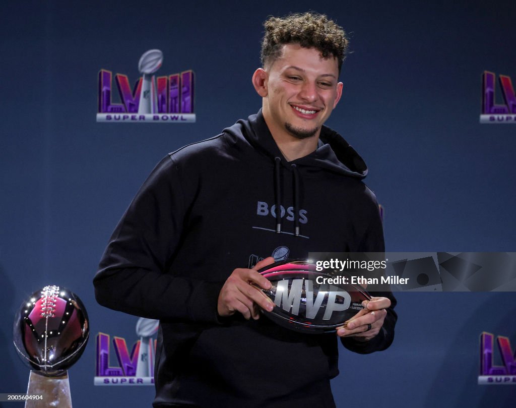 Quarterback <strong><a  data-cke-saved-href='https://www.vavel.com/en-us/nfl/2024/02/08/1171699-kansas-city-chiefs-super-bowl-press-conferences.html' href='https://www.vavel.com/en-us/nfl/2024/02/08/1171699-kansas-city-chiefs-super-bowl-press-conferences.html'>Patrick Mahomes</a></strong> #15 of the <strong><a  data-cke-saved-href='https://www.vavel.com/en-us/nfl/2024/02/06/1171404-super-bowl-lviii-previewchiefs-vs-49ers-in-search-of-the-dream.html' href='https://www.vavel.com/en-us/nfl/2024/02/06/1171404-super-bowl-lviii-previewchiefs-vs-49ers-in-search-of-the-dream.html'>Kansas City Chiefs</a></strong> poses with the MVP award during a news conference for the winning head coach and MVP of <strong><a  data-cke-saved-href='https://www.vavel.com/en-us/nfl/2024/02/12/1172201-epic-comeback-by-the-kansas-city-chiefs-to-win-the-super-bowl-in-overtime.html' href='https://www.vavel.com/en-us/nfl/2024/02/12/1172201-epic-comeback-by-the-kansas-city-chiefs-to-win-the-super-bowl-in-overtime.html'>Super Bowl</a></strong> LVIII at the Mandalay Bay Convention Center on February 12, 2024 in Las Vegas, Nevada. (Photo by Ethan Miller/Getty Images)