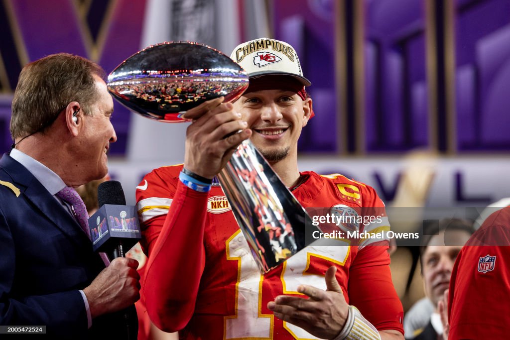  Patrick Mahomes #15 of the Kansas City Chiefs celebrates with the Vince Lombardi Trophy following the NFL Super Bowl 58 football game between the San Francisco 49ers and the Kansas City Chiefs at Allegiant Stadium on February 11, 2024 in Las Vegas, Nevada. (Photo by Michael Owens/Getty Images)