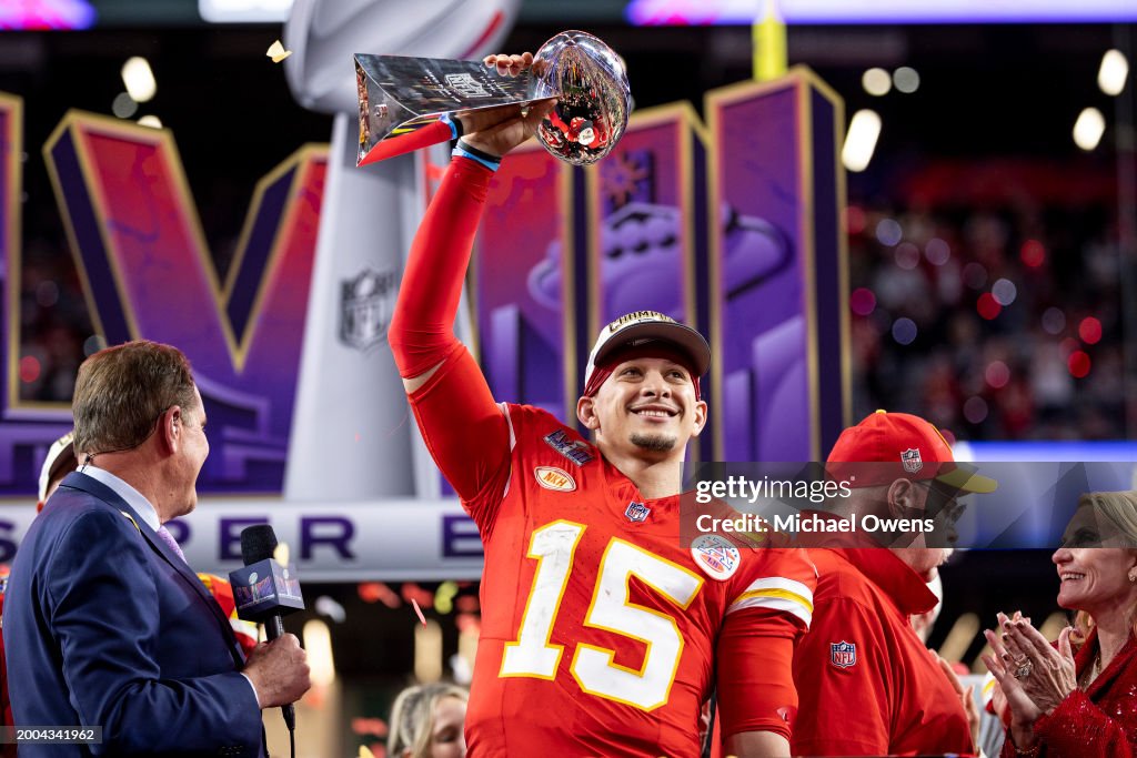 Patrick Mahomes #15 of the Kansas City Chiefs celebrates with the Vince Lombardi Trophy following the NFL Super Bowl 58 football game between the San Francisco 49ers and the Kansas City Chiefs at Allegiant Stadium on February 11, 2024 in Las Vegas, Nevada. (Photo by Michael Owens/Getty Images)