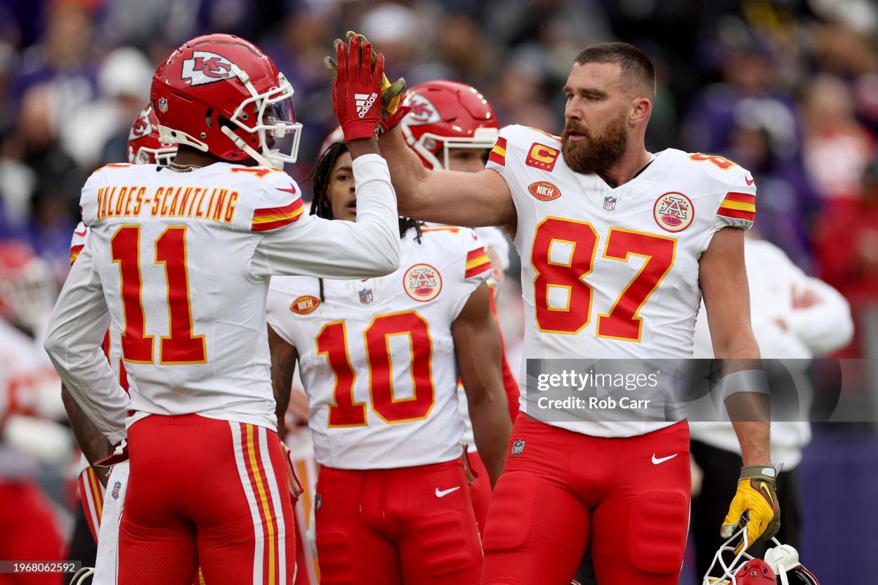 Travis Kelce #87 and <strong><a  data-cke-saved-href='https://www.vavel.com/en-us/nfl/2023/11/21/1163735-nfl-kansas-city-chiefs-17-21-philadelphia-eagles.html' href='https://www.vavel.com/en-us/nfl/2023/11/21/1163735-nfl-kansas-city-chiefs-17-21-philadelphia-eagles.html'>Marquez Valdes-Scantling</a></strong> #11 of the Kansas City Chiefs warm up prior to the AFC Championship Game against the Baltimore Ravens at M&T Bank Stadium on January 28, 2024 in Baltimore, Maryland. (Photo by Rob Carr/Getty Images)