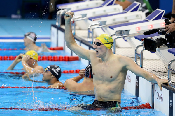 Mack Horton celebrates his victory in the 400 meter freestyle after edging reigning Olympic champion Sun Yang for the gold in Rio/Photo: Al Bello/Getty Images
