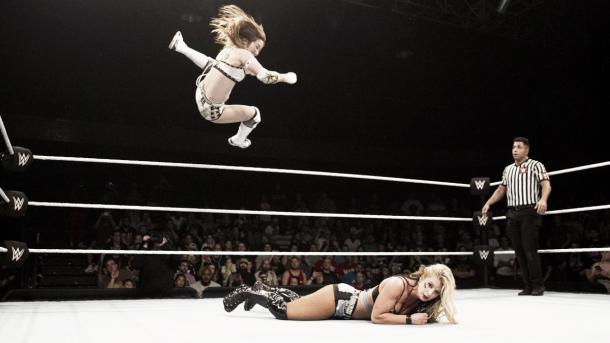 Will Sane land her Elbow Drop? Photo-WWE.com