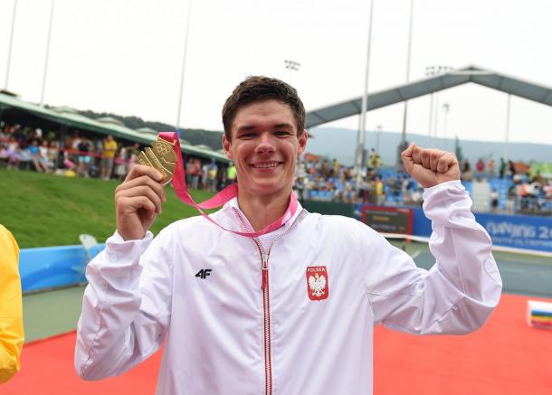 Kamil Majchrazk celebrates his gold medal at 2014 youth Olympics. Photo: Davis Cup