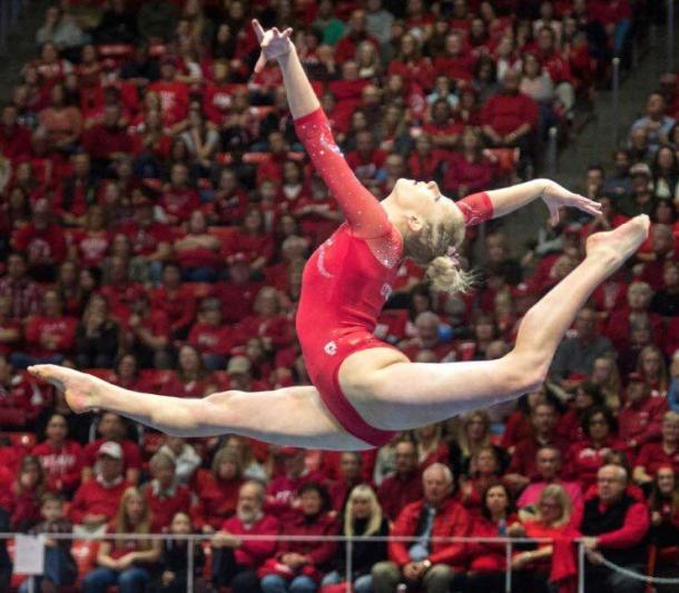 Makenna Merrel performs on balance beam for Utah against UCLA in Salt Lake City/Utah Athletics