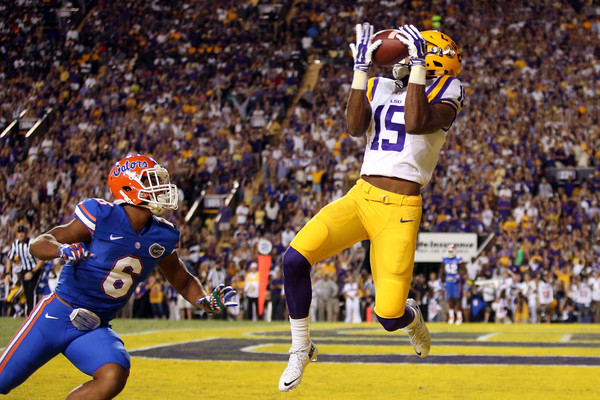 Malachi Dupre catches a touchdown vs. Florida at Tiger Stadium in 2015/Getty Images