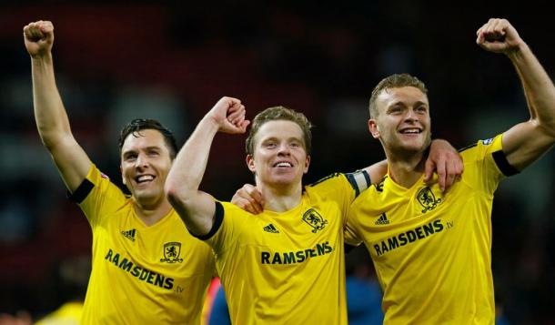 Stewart Downing, Grant Leadbitter and Ben Gibson celebrate victory at Old Trafford | Photo: Mirror