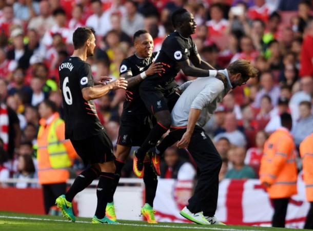 Sadio Mane celebrating his debut goal with Jurgen Klopp. (Picture: Getty Images)