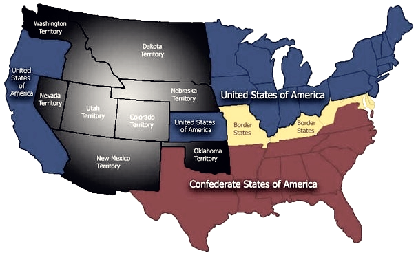 Mapa de la división de estados durante la Guerra civil americana, los grises muestran estados que no se definieron, Fuente: Wikicommons