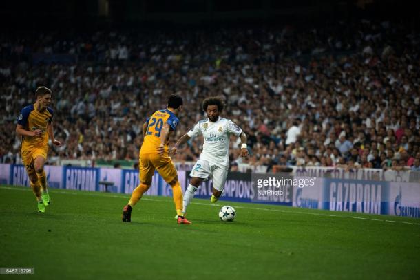 Marcelo hugging the touchline against APOEL midweek. Source | Getty Images.