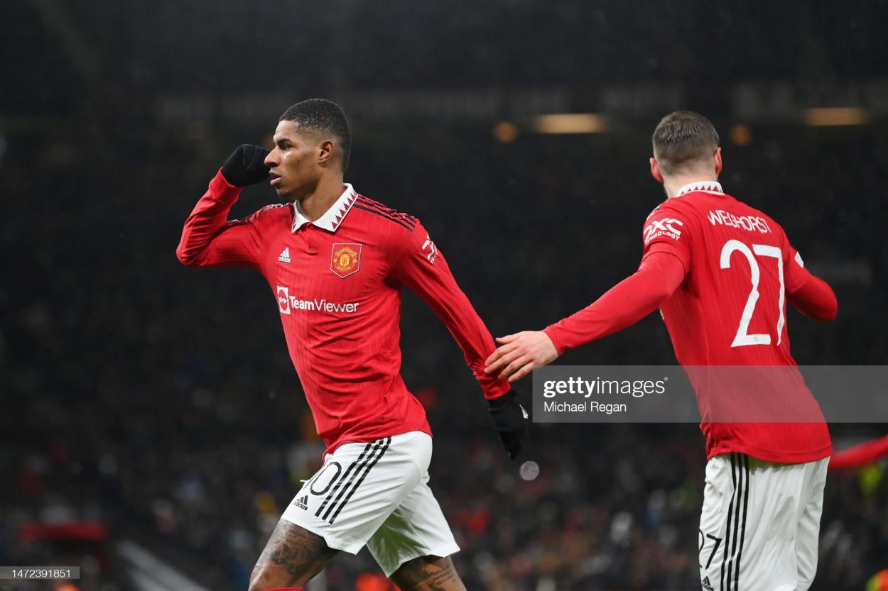 <strong><a  data-cke-saved-href='https://www.vavel.com/en/football/2023/03/03/premier-league/1139367-jurgen-klopp-admits-he-is-really-happy-for-incredible-marcus-rashford.html' href='https://www.vavel.com/en/football/2023/03/03/premier-league/1139367-jurgen-klopp-admits-he-is-really-happy-for-incredible-marcus-rashford.html'>Marcus Rashford</a></strong> of Manchester United celebrates scoring to make it 1-0 the UEFA Europa League round of 16 leg one match between Manchester United and <strong><a  data-cke-saved-href='https://www.vavel.com/en/international-football/2023/03/09/europa-league/1140091-four-things-we-learnt-as-man-united-bounce-back-against-real-betis.html' href='https://www.vavel.com/en/international-football/2023/03/09/europa-league/1140091-four-things-we-learnt-as-man-united-bounce-back-against-real-betis.html'>Real Betis</a></strong> at Old Trafford on March 09, 2023 in Manchester, England. (Photo by Michael Regan/Getty Images)