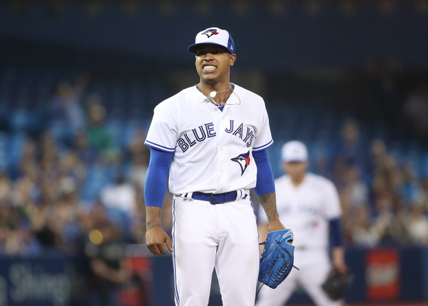 Blue Jays starter Marcus Stroman reacts after his team failed to overturn a double play in the seventh, but it didn’t matter much in the end. | Photo: Tom Szczerbowski/Getty Images