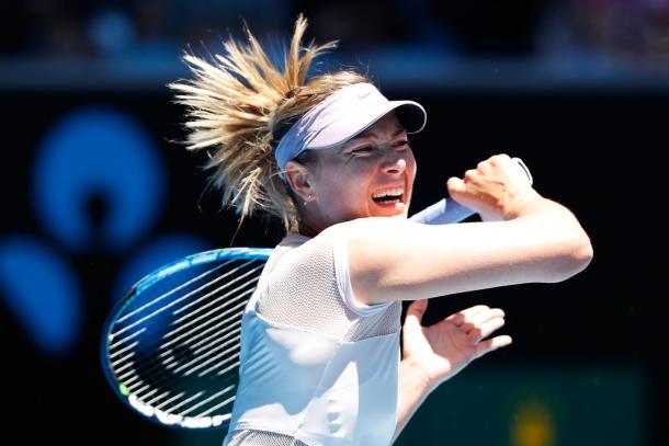 Maria Sharapova hits a backhand during her first round match at the Australian Open.  (Photo: Michael Dodge/Getty Images)