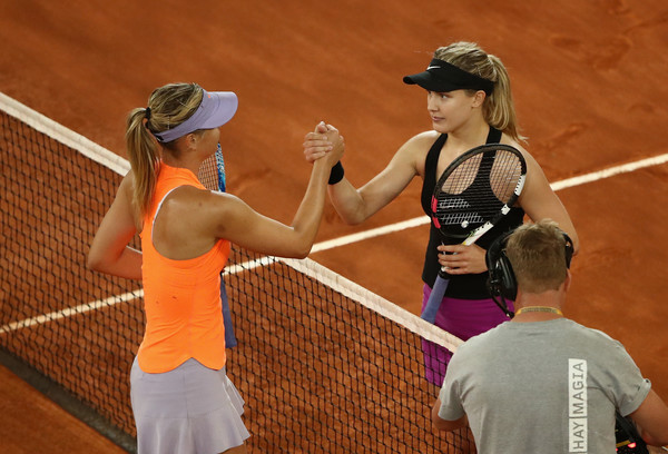 Maria Sharapova and Eugenie Bouchard shake hands after their highly anticipated second-round match at the 2017 Mutua Madrid Open. | Photo: Julian Finney/Getty Images