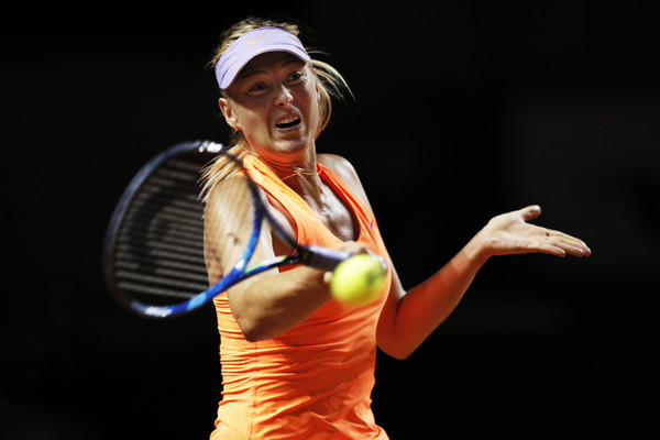 Maria Sharapova hits a forehand during her quarterfinal match against Anett Kontaveit at the 2017 Porsche Tennis Grand Prix. | Photo: Adam Pretty/Bongarts