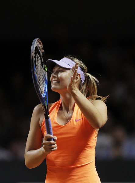 Maria Sharapova celebrates after defeating Anett Kontaveit in the quarterfinals of the 2017 Porsche Tennis Grand Prix. | Photo: Adam Pretty/Bongarts