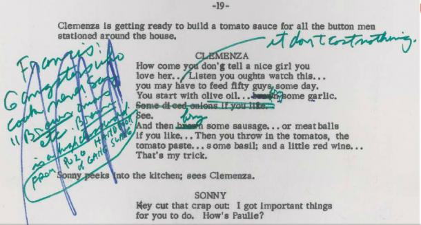 Anotaciones de Mario Puzo en un borrador de guión (Foto: RR Auction)