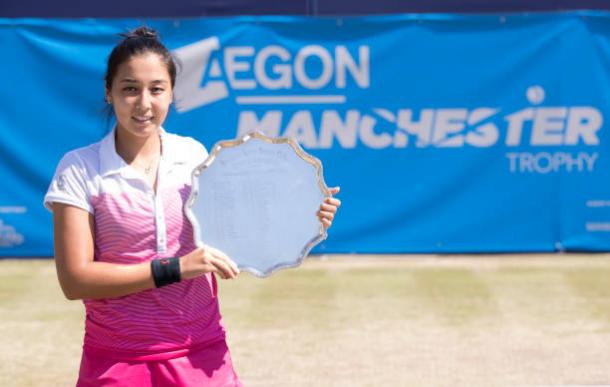 Zarina Diyas with the title after winning the Aegon Manchester Trophy last week (Getty/Mark Robinson)