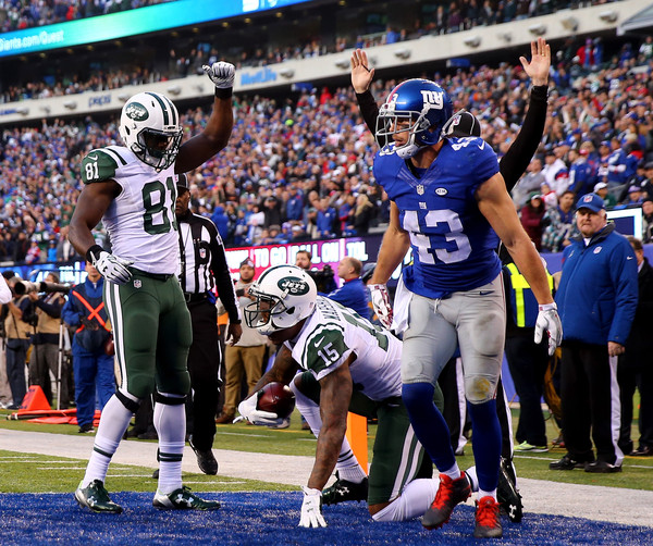 Brandon Marshall celebrates with Quincy Enunwa after scoring a touchdown