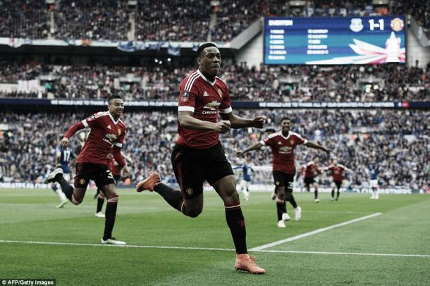 Above; Manchester United's Anthony Martial celebrates his goal in their 2-1 win over Everton in FA Cup semi-final | Photo: AFP / Getty Images 