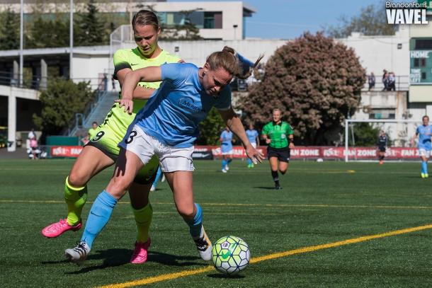 Merritt Mathias has always had the knack to get back on defense even when she played forward as seen here against Sky Blue FC | Source: Brandon Farris - VAVEL USA