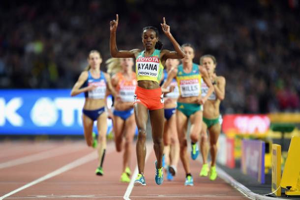 Ayana celebrates winning her second world title (Getty/Matthias Hangst)