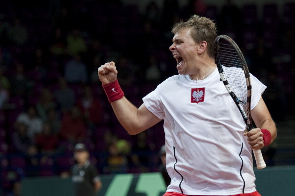 Marcin Matkowski celebrates in Davis Cup action. Photo: Adam Nurkiewicz