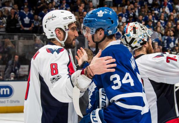 Alex Ovechkin (left) and Auston Matthews shake hands after game six. Photo: Mark Blinch/Getty Images