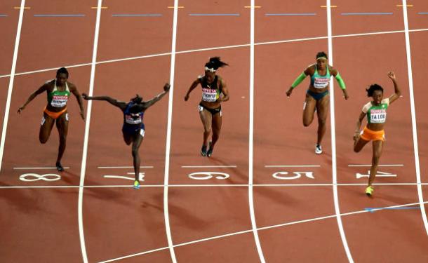 The moments just after the race. Bowie fell over shortly after crossing the line (Getty/Matthias Hangst)