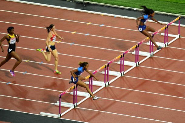 Carter leads Muhammad over the final hurdle, with Tracey closing down on Hejnova (Getty/Matthias Hangst)