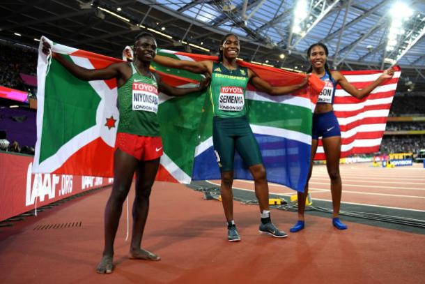 Niyonsaba, Semenya, and Wilson celebrate after the final (Getty/Matthia Hangst)