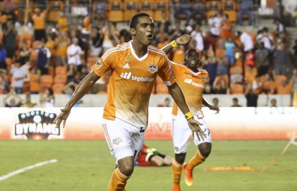 Houston Dynamo forward Mauro Manotas (19) celebrates after scoring a goal during the second half against the Portland Timbers | Source: Troy Taormina - USA TODAY Sports