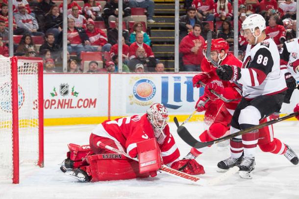 Jamie McGinn scored twice to pace the Coyotes win in Detroit. (Photo by Dave Reginek/NHLI via Getty Images)