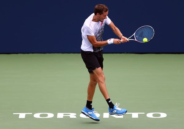 Medvedev hits a backhand during the win over Sock. His backhand came up big in the big moments. Photo: Getty Images