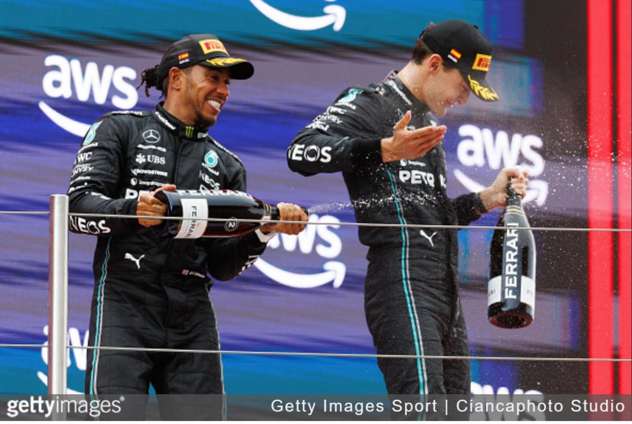 Mercedes celebrate their double podium - (Photo by Emmanuele Ciancaglini/Ciancaphoto Studio/Getty Images)