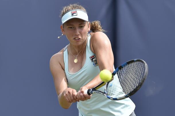 Elise Mertens hits a backhand during her second round win. Photo: Ricoh Open