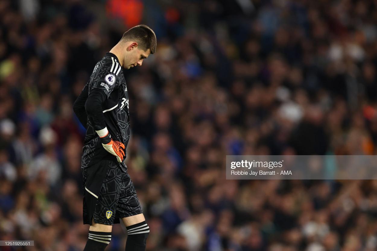 Ilan Meslier looking dejected after Liverpool scored their second - (Photo by Robbie Jay Barrat-AMA/Getty Images)