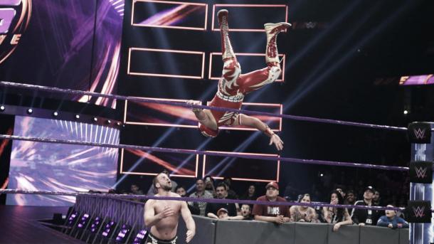 Metalik took to the skies on his debut. Photo- WWE.com