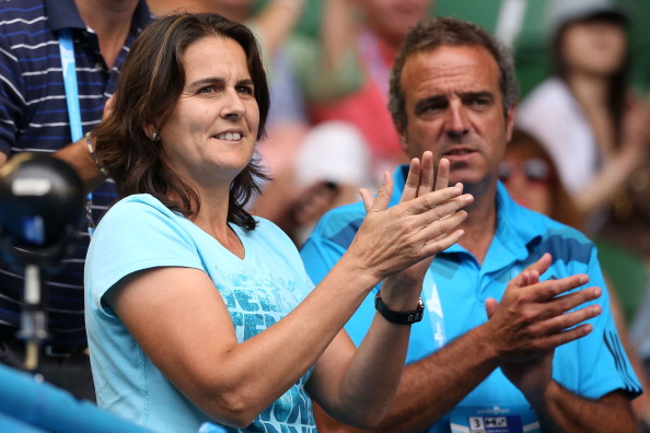 Martinez celebrates after Muguruza beats Caroline Wozniacki at the Australian Open in 2014 (Getty/Michael Dodge)