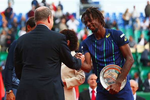 Gael Monfils receives the runner-up trophy at the Monte-Carlo Rolex Masters, where he lost in the final to Rafael Nadal (Getty/Michael Steele)