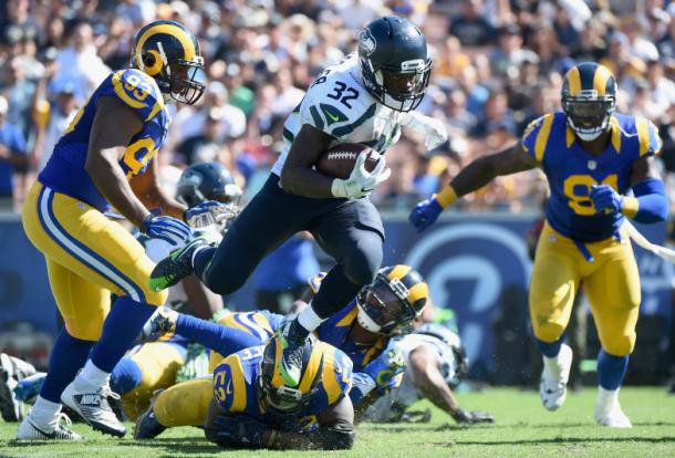 Christine Michael (32) carries the ball for the Seattle Seahawks against the Los Angeles Rams | Source: Harry How - Getty Images