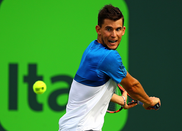 Thiem lines-up to rip his one-handed backhand. Credit: Mike Ehrmann/Getty Images