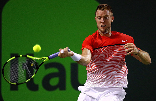 Sock rips a forehand down the line. Credit: Mike Ehrmann/Getty Images