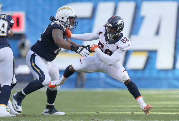 Von Miller attempting to rush the passer against the San Diego Chargers