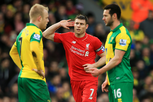 James Milner celebrates his go ahead goal for Liverpool. (Getty)