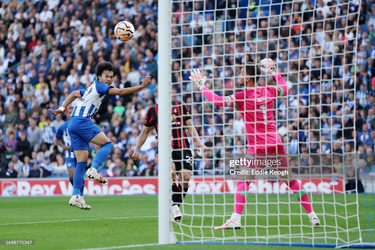Mitoma scores to confirm his brace with a good header - Eddie Keogh, Getty Images