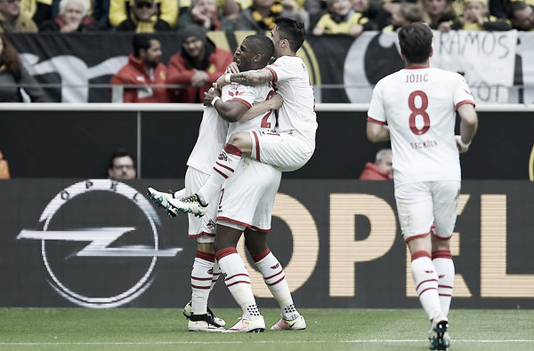 Above: Anthony Modeste celebrated his goal in FC Köln's 2-2 draw with Borussia Dortmund | Photo: www.ksta.de