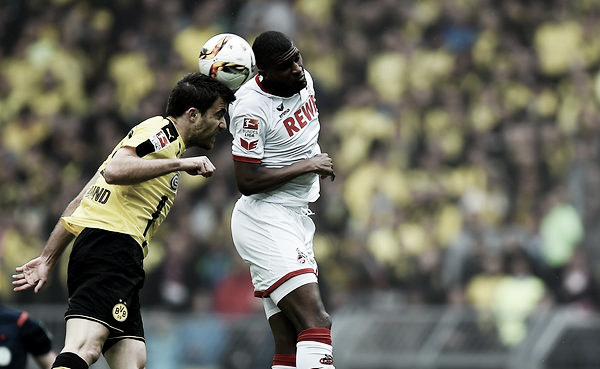 Above: Anthony Modeste and Sokratis battle for the ball in 2-2 draw between FC Köln and Borussia Dortmund | Photo: www.ksta.de