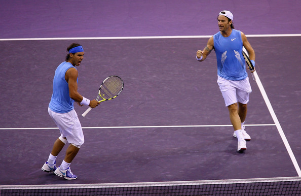 Nadal (left) and Moya in doubles action together back in 2008. Photo: Clive Brunskill/Getty Images